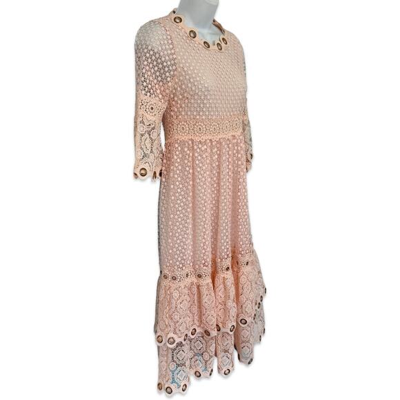Maje Blush Pink Roso Gold Grommet Lace Tiered Half Sleeve Midi Dress size 1 / S - Picture 5 of 12